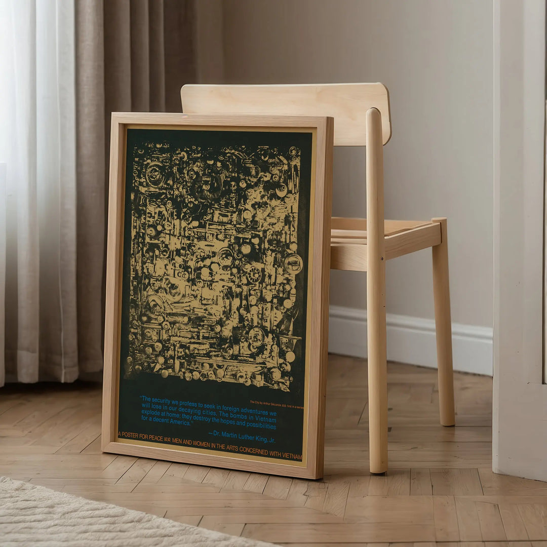 A Poster for Peace by Arthur Secunda, abstract art print in dark green and beige tones, framed poster.
