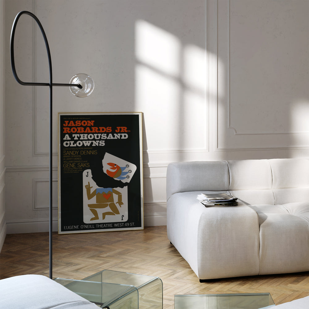 A Thousand Clowns Poster featuring minimalist style with black, white, orange, and brown colors in framed art print.
