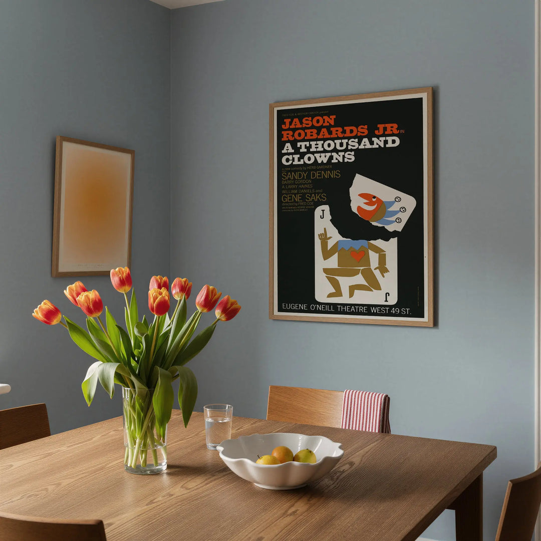 A Thousand Clowns Poster vintage theater art print with bold orange, beige, and black colors framed on wall