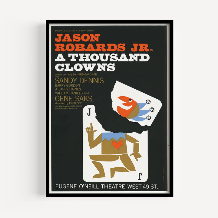 A Thousand Clowns Poster featuring minimalist playing card design in black, white, red, and blue tones, vintage style wall art.