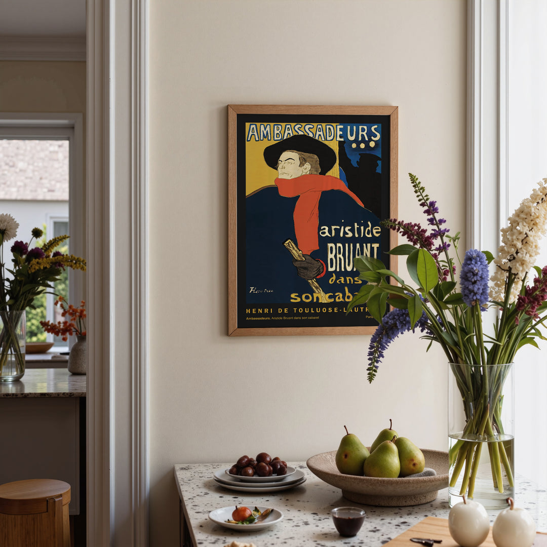 Ambassadeurs by Henri de Toulouse-Lautrec Poster vintage art print with dark blue, red, and yellow colors framed in wood