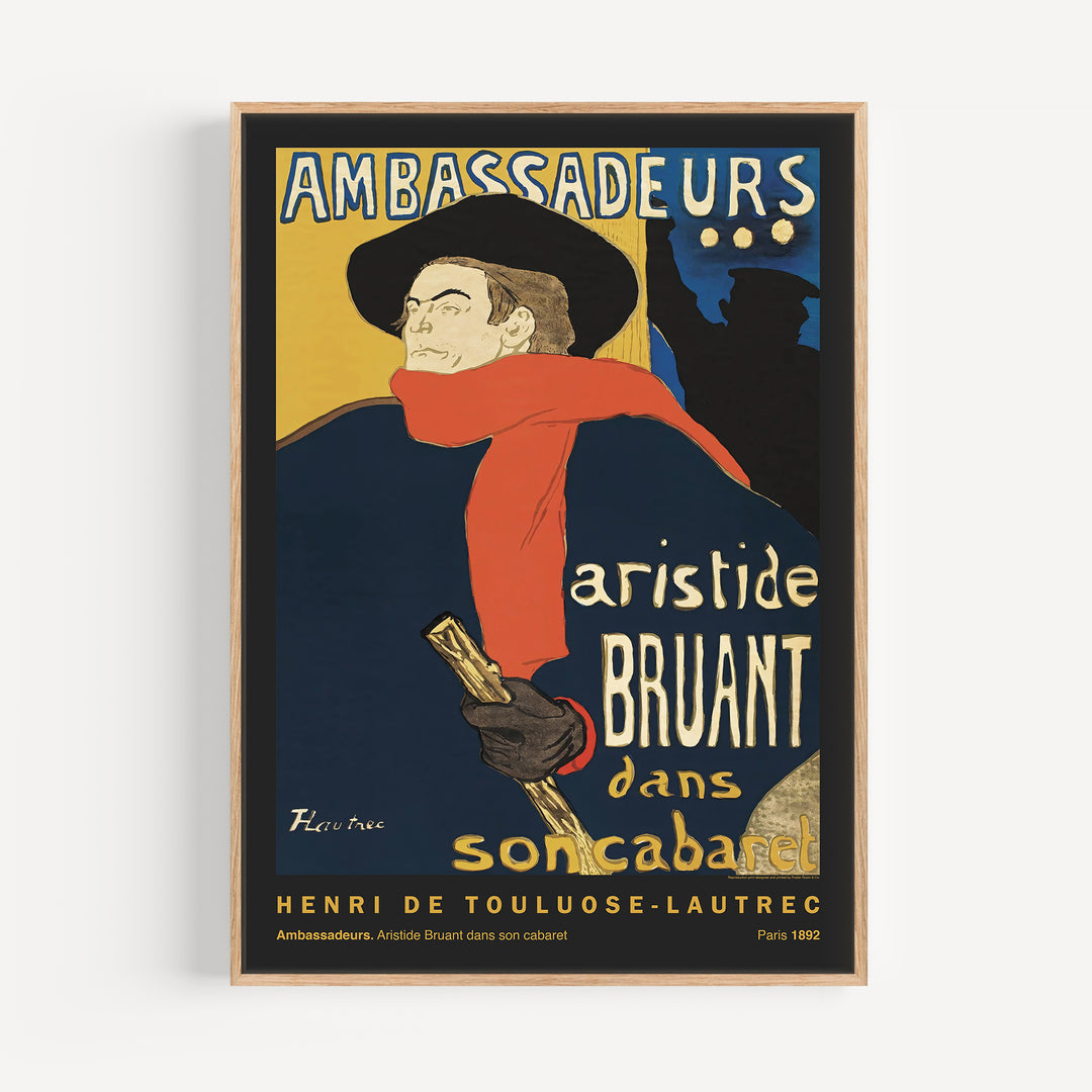 Ambassadeurs by Henri de Toulouse-Lautrec Poster vintage style with dark blue, yellow, and red tones, featuring Aristide Bruant