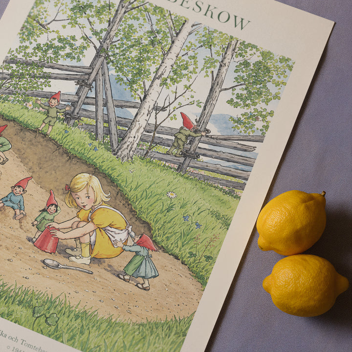 Elsa Beskow poster print of Annika och Tomtebarnen, warm storybook illustration suited to nursery or Scandinavian-styled interiors