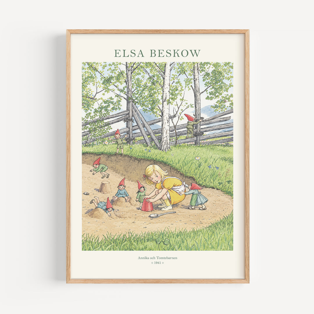 Annika och Tomtebarnen illustration by Elsa Beskow, Swedish folklore art print with warm earthy tones and woodland storybook style