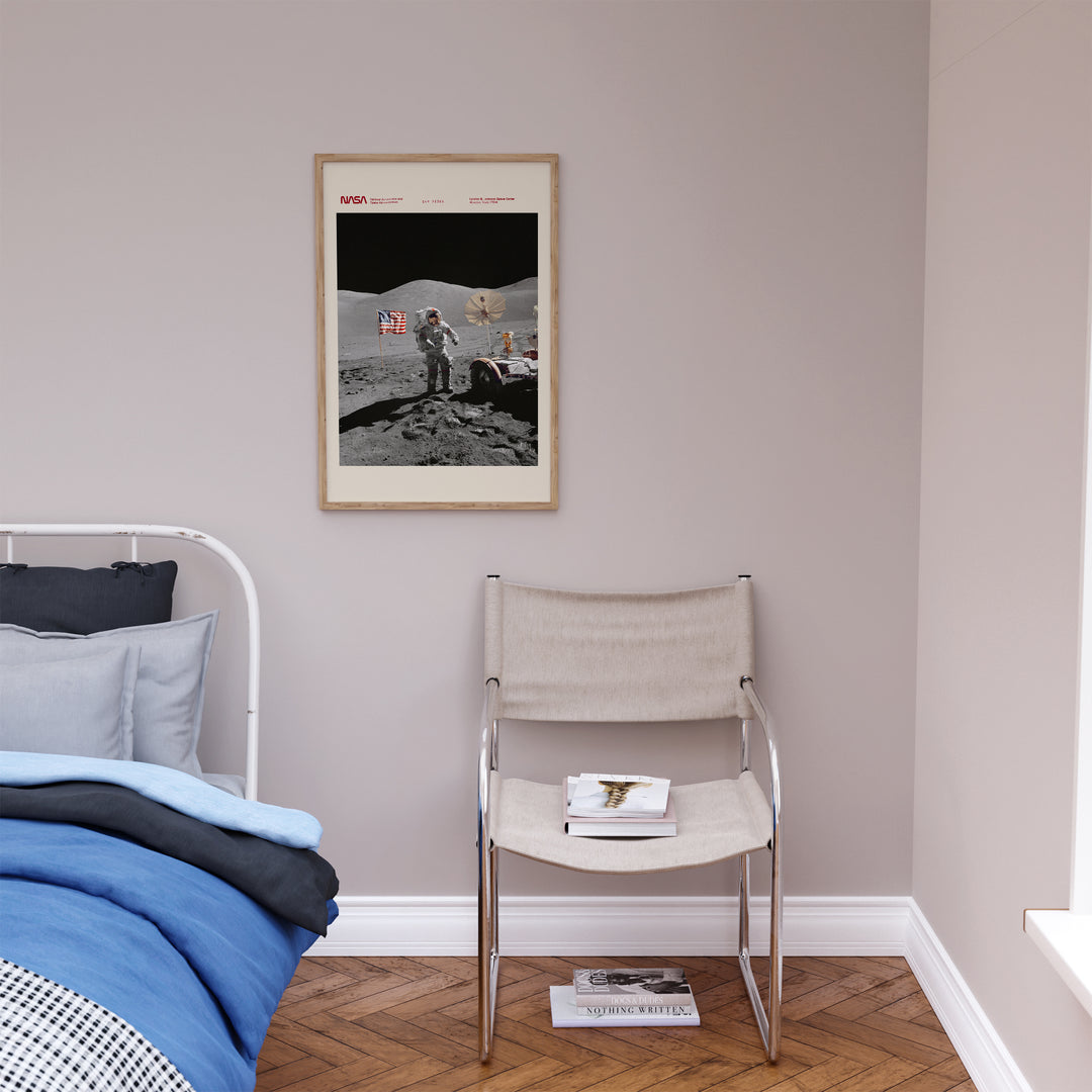 Apollo Space Missions poster set displayed as a pair, vintage NASA prints with archival colour palette