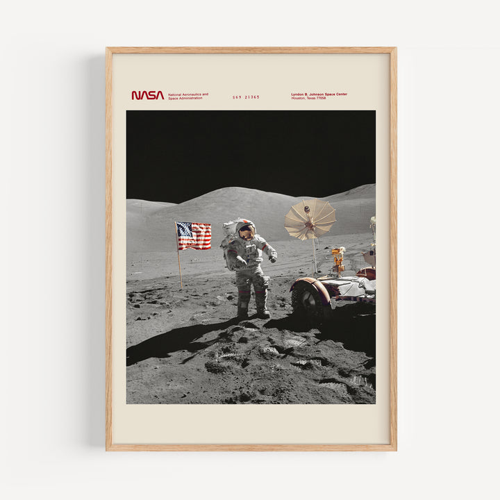 Framed NASA Apollo missions poster prints shown on a wall, retro space exploration artwork in navy and ochre