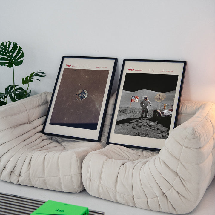 Apollo moon landing poster print with astronaut and American flag, retro NASA graphic design in muted earth tones