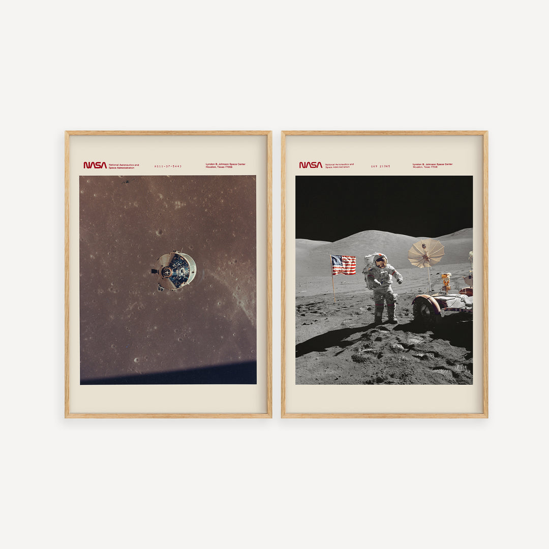 Apollo Space Missions vintage NASA poster set featuring lunar orbit and moonwalk scenes in retro navy and ochre tones