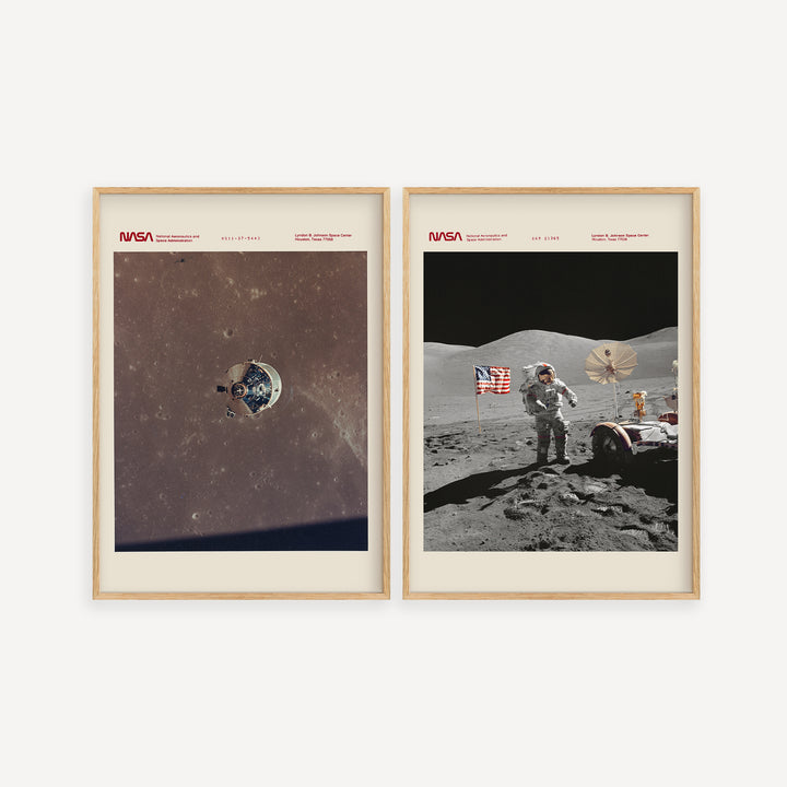 Apollo Space Missions vintage NASA poster set featuring lunar orbit and moonwalk scenes in retro navy and ochre tones