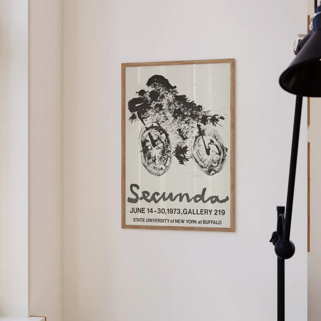 Arthur Secunda Exhibition Poster in black and white abstract style with bold typography, framed poster wall art.