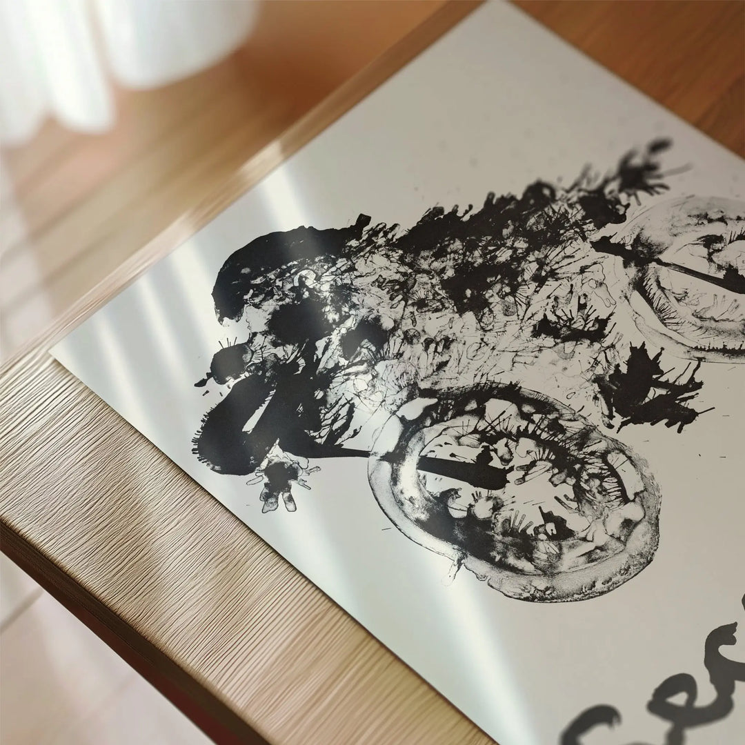 Arthur Secunda Exhibition Poster featuring abstract black ink forms on white background, minimalist art print.