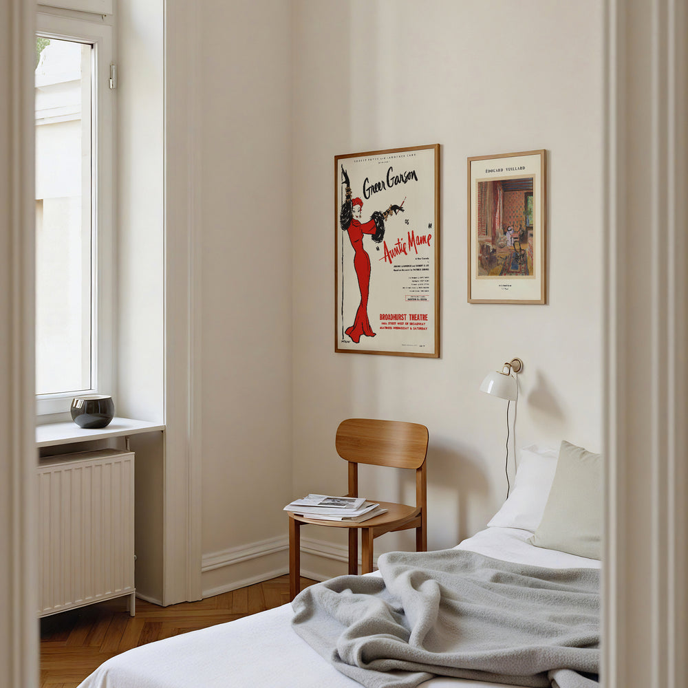 Auntie Mame Vintage Broadway Poster featuring a minimalist red and black illustration of a woman in a gown, framed wall art.