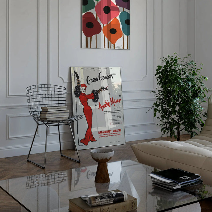Auntie Mame Vintage Broadway Poster featuring a red-dressed woman in vintage style with black and white text, framed poster.