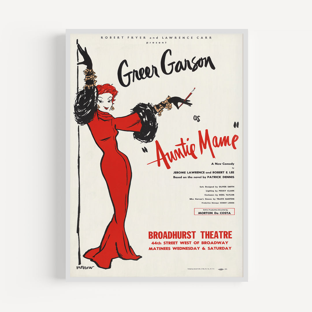 Auntie Mame Vintage Broadway Poster featuring minimalist black, red, and white illustration of Greer Garson in a red gown and fur cuffs.