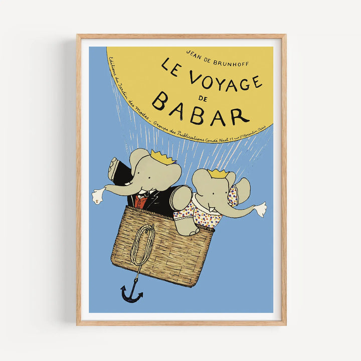 Hot Air Balloon Babar Poster showing vintage-style art print with two elephants in a wicker basket on a yellow balloon against blue background