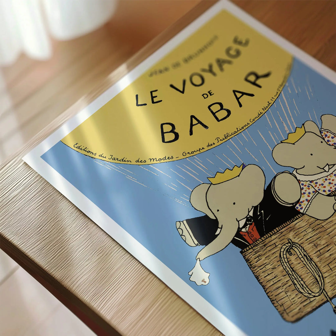 Hot Air Balloon Babar Poster vintage style with blue, yellow, and beige colors featuring Babar elephants in a basket art print