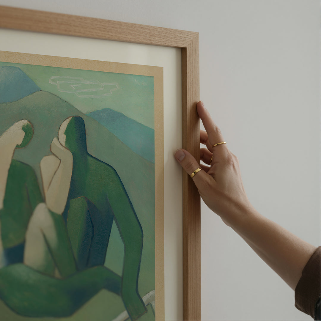 Bandits by Mikuláš Galanda Poster minimalist art print with green and blue tones in a wooden frame