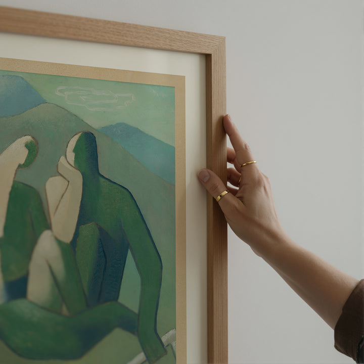 Bandits by Mikuláš Galanda Poster minimalist art print with green and blue tones in a wooden frame