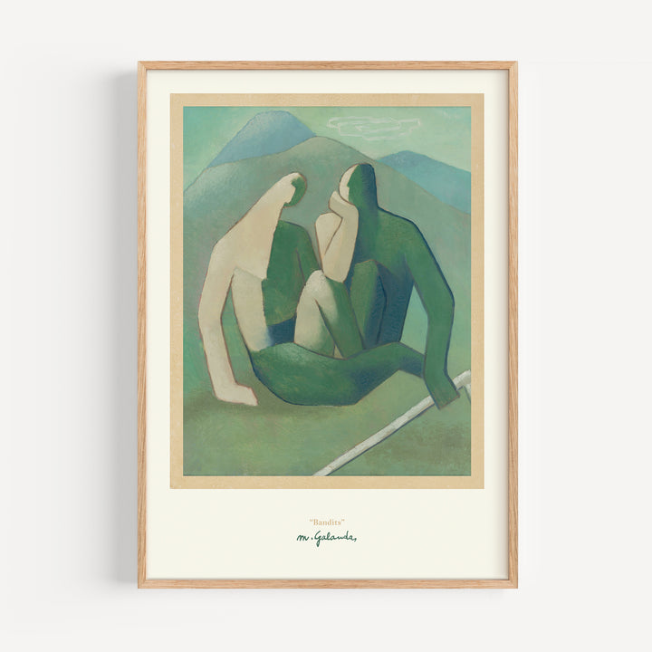 Bandits by Mikuláš Galanda Poster showing abstract figures in green and beige tones with a mountainous background wall art print.