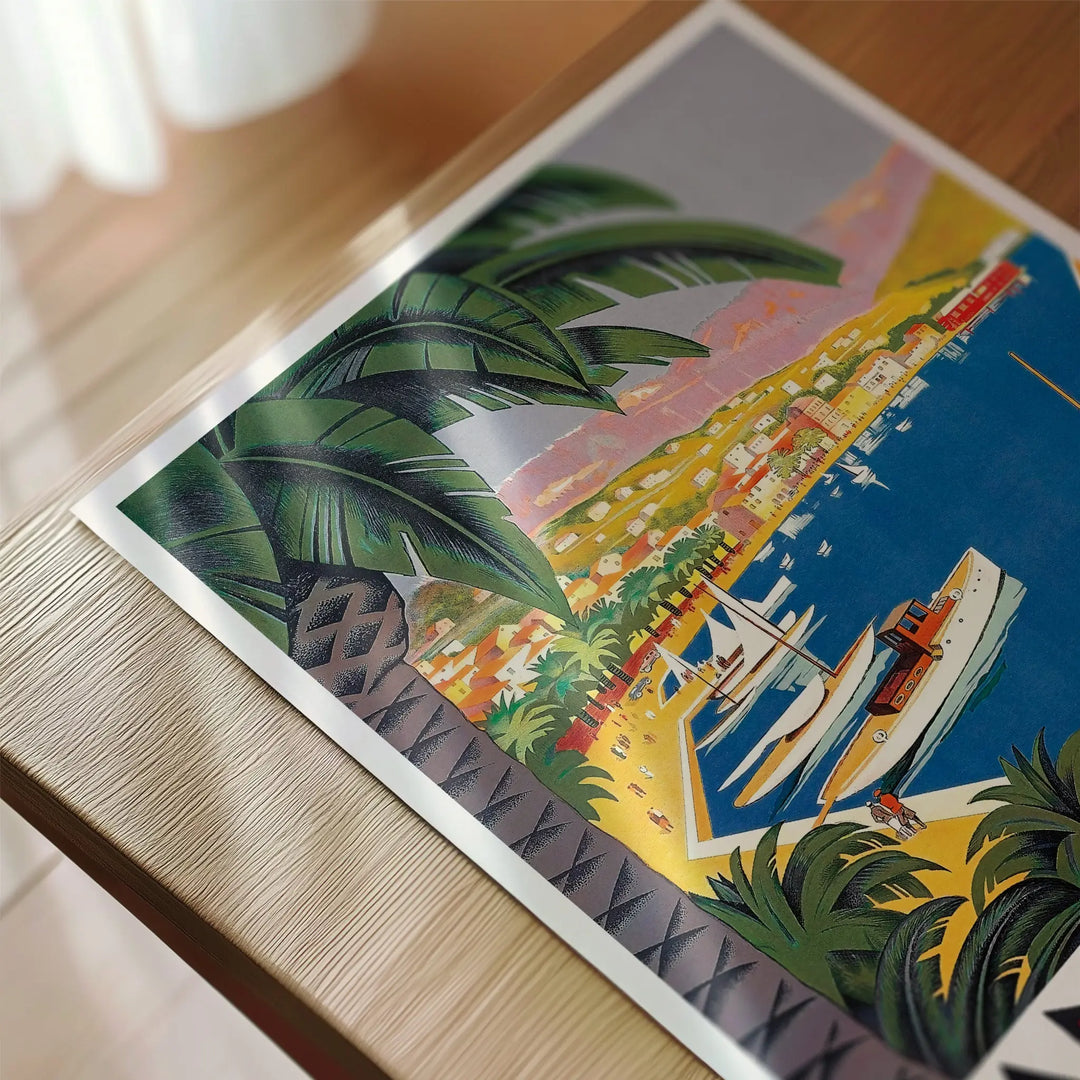 Bandol Travel Poster vintage style art print with vibrant blues, greens, and yellows showing a coastal harbor scene.