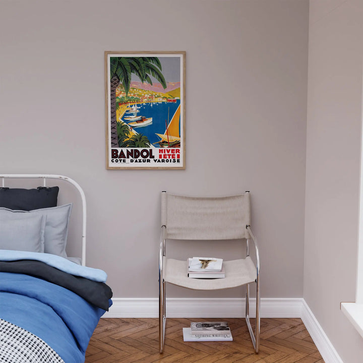 Bandol Travel Poster vintage style with colorful Mediterranean coastal scene, blue, green, and orange tones, framed poster.
