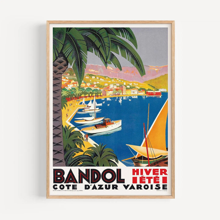 Bandol Travel Poster vintage style with bold colors of blue, green, and orange featuring a Mediterranean coastal scene and sailboats.