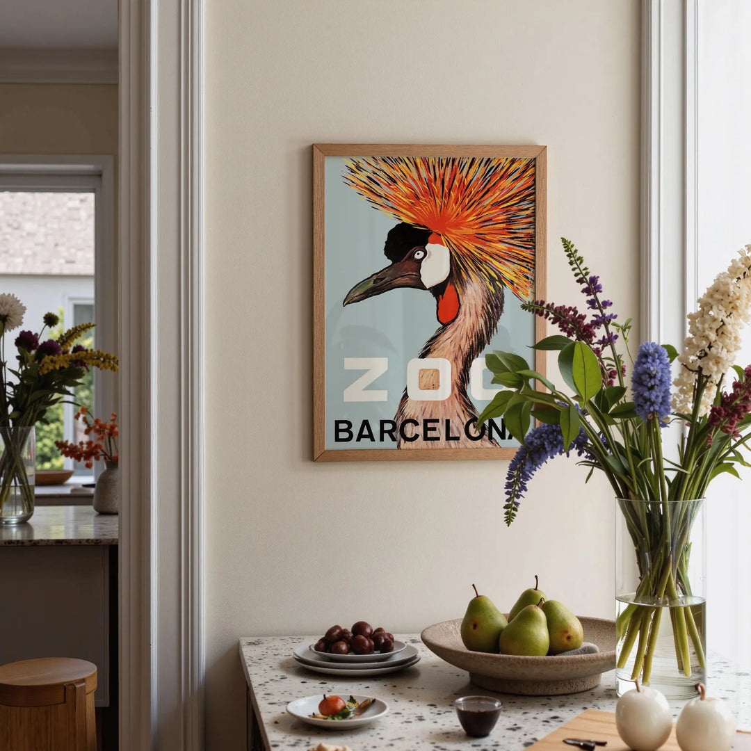 Barcelona Zoo Poster featuring a minimalist illustration of a crowned crane in orange, black, and beige tones.