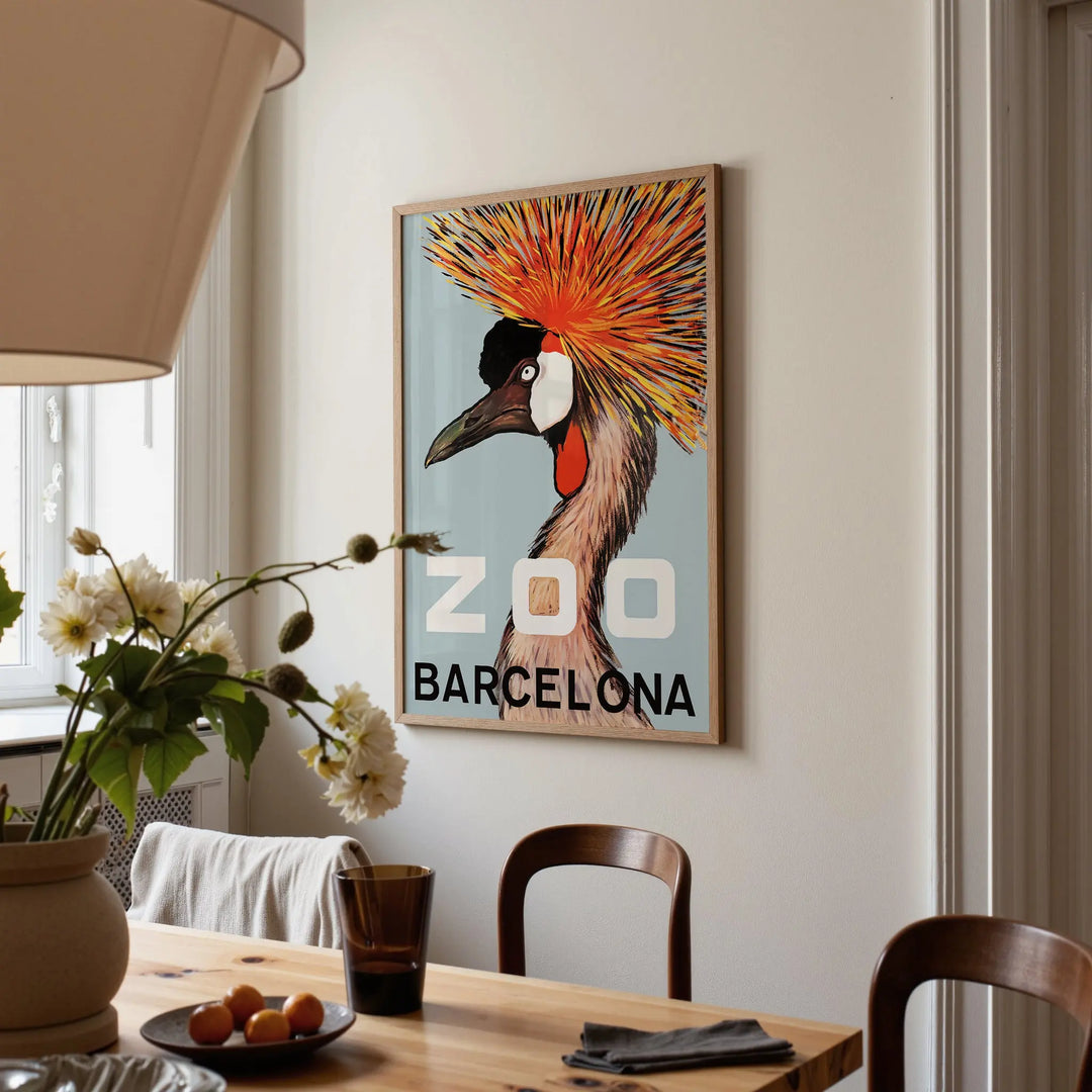 Barcelona Zoo Poster featuring a colorful crowned crane bird in a minimalist framed art print design