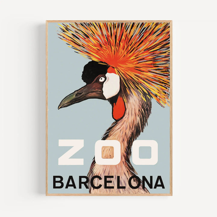 Barcelona Zoo Poster featuring a vintage style crowned crane with orange and black plumage on a light blue background.