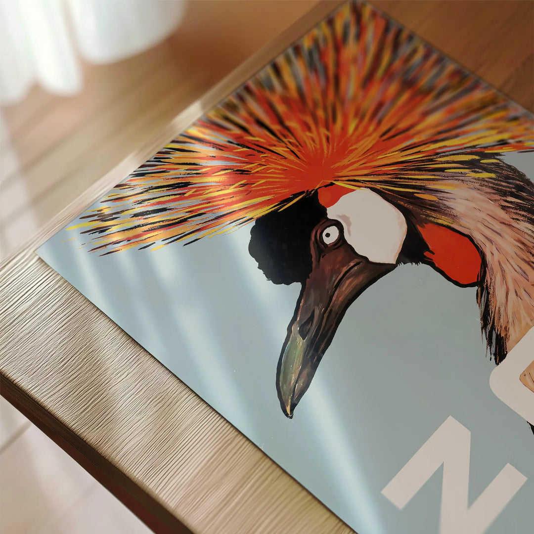 Barcelona Zoo Poster featuring a colorful crowned crane illustration in a minimalist style art print