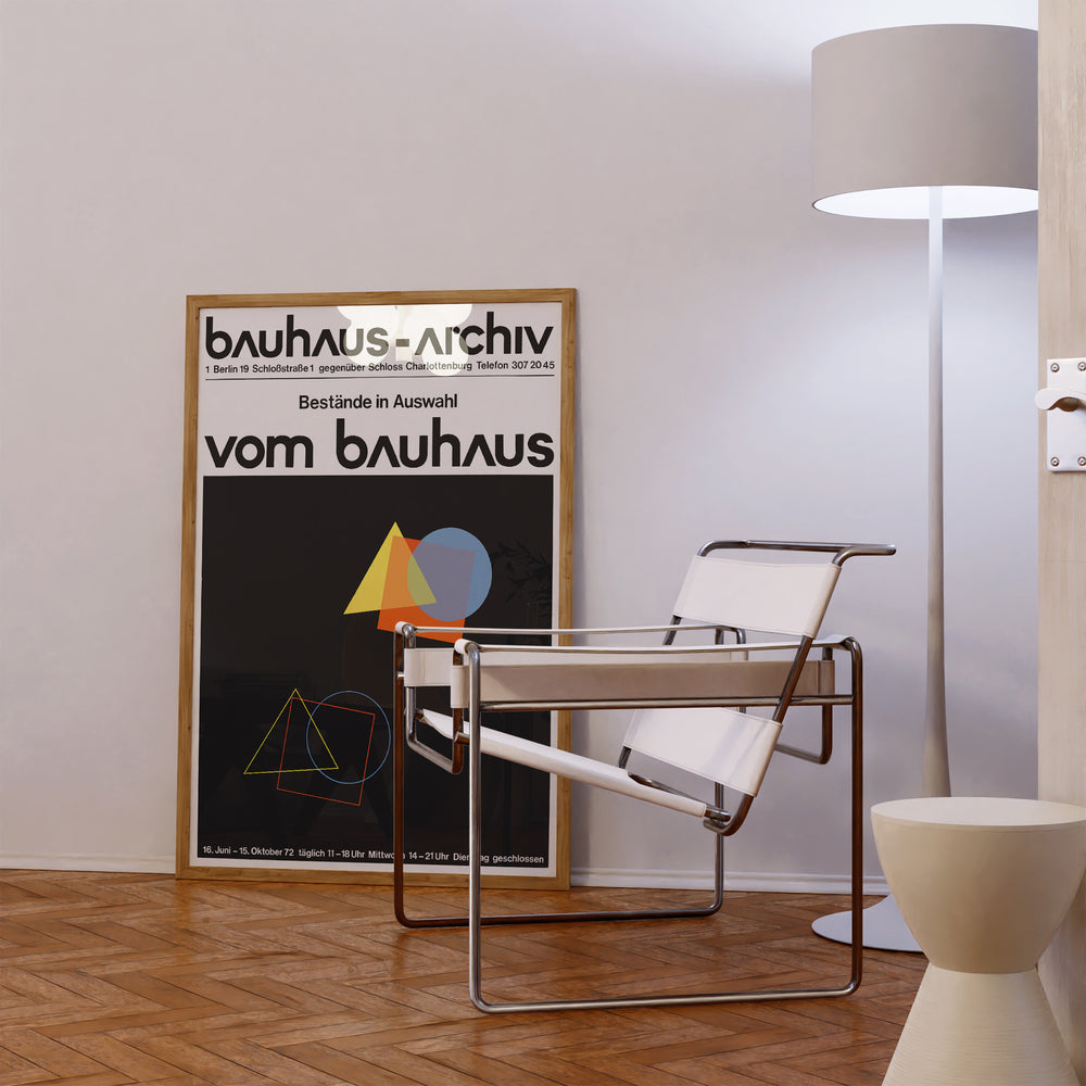 Bauhaus-Archiv Exhibition Poster featuring minimalist geometric shapes in yellow, blue, and red on black background framed poster