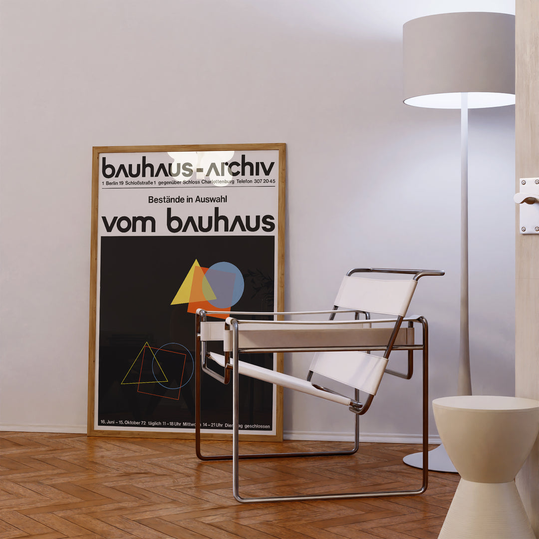 Bauhaus-Archiv Exhibition Poster featuring minimalist geometric shapes in yellow, blue, and red on black background framed poster
