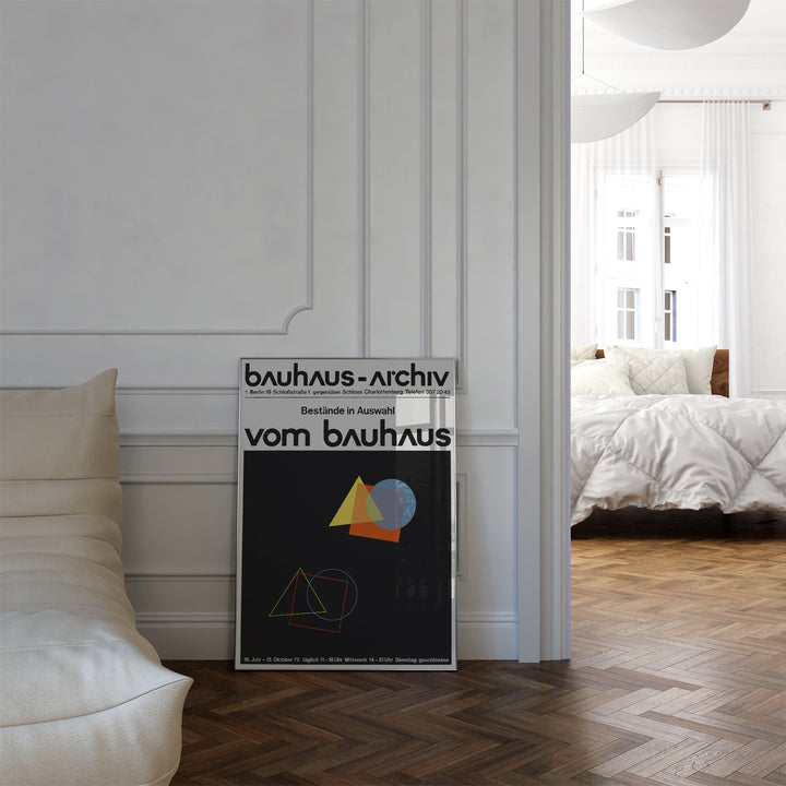 Bauhaus-Archiv Exhibition Poster with minimalist geometric abstract design in black, yellow, orange, and blue framed poster