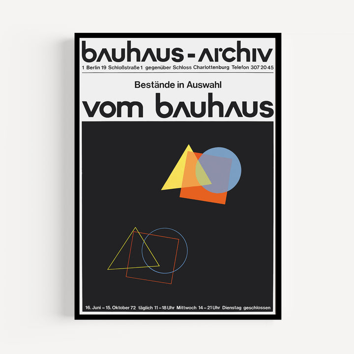 Bauhaus-Archiv Exhibition Poster featuring minimalist abstract geometric shapes in yellow, orange, blue, and red on black background.