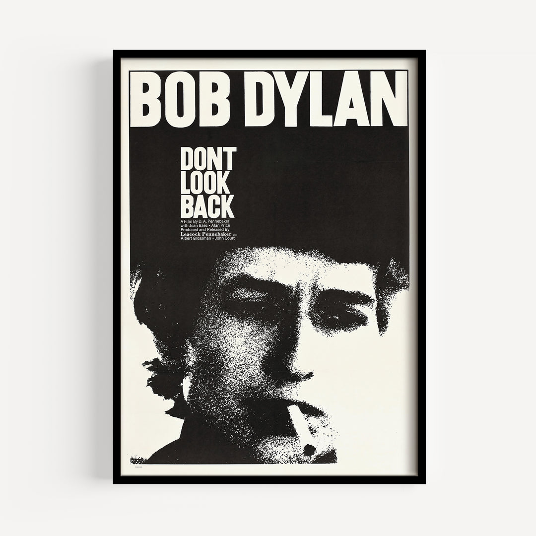 Poster of Bob Dylan with text 'Don't Look Back' on a black background