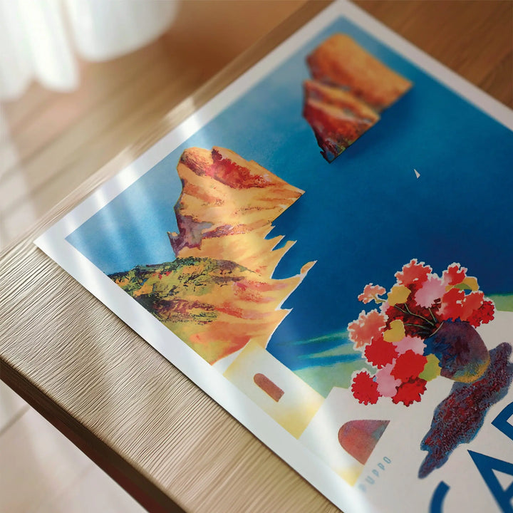 Capri Travel Poster in vintage style with bright blue, orange, and red hues, featuring cliffs and floral elements art print