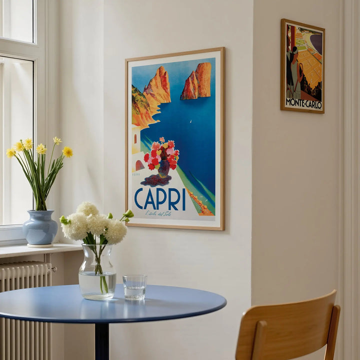 Capri Travel Poster framed poster with vintage style, featuring bright blue sea and orange cliffs wall art print