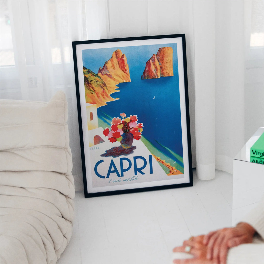 Capri Travel Poster vintage style with blue sea, orange cliffs, white buildings, and a flower vase art print wall art