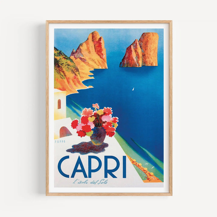 Capri Travel Poster vintage style with vibrant blue sea, rocky cliffs, and a colorful flower vase art print