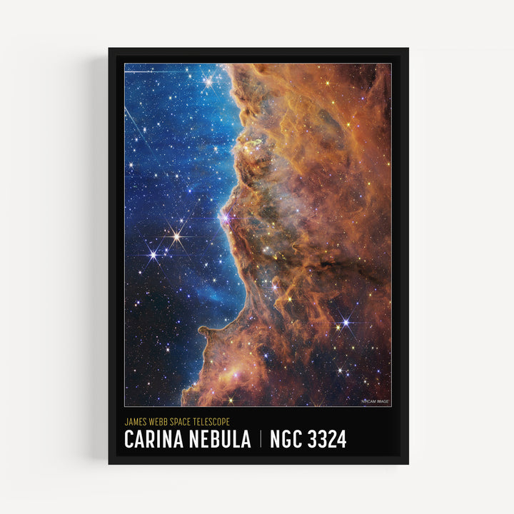 Carina Nebula James Webb Telescope poster print showing cosmic cliffs, glowing gas clouds and star-forming pillars in deep space
