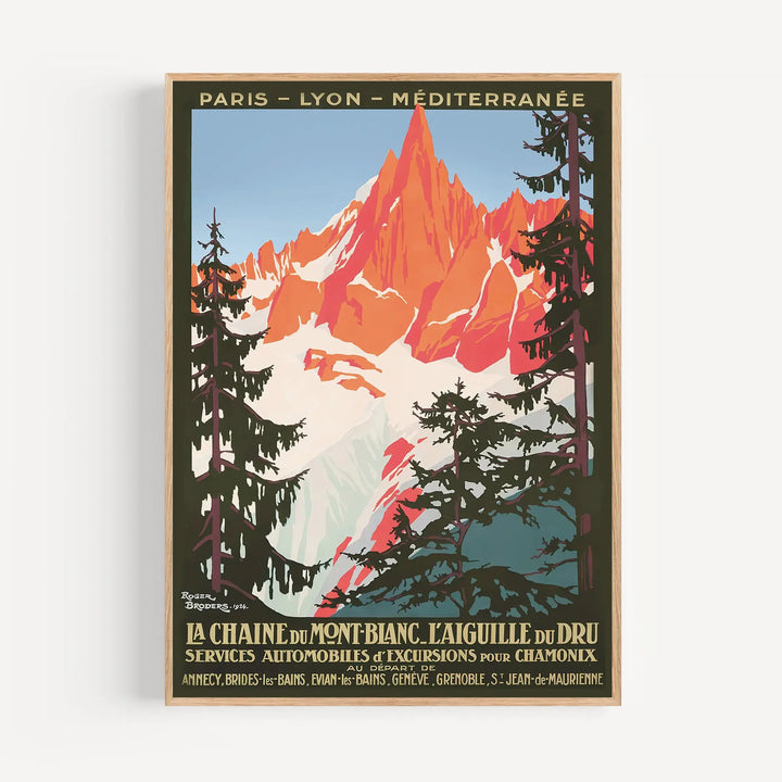 Mont Blanc & Chamonix Travel Poster vintage style with bold reds, muted greens, blues, and black silhouettes, framed poster wall art.