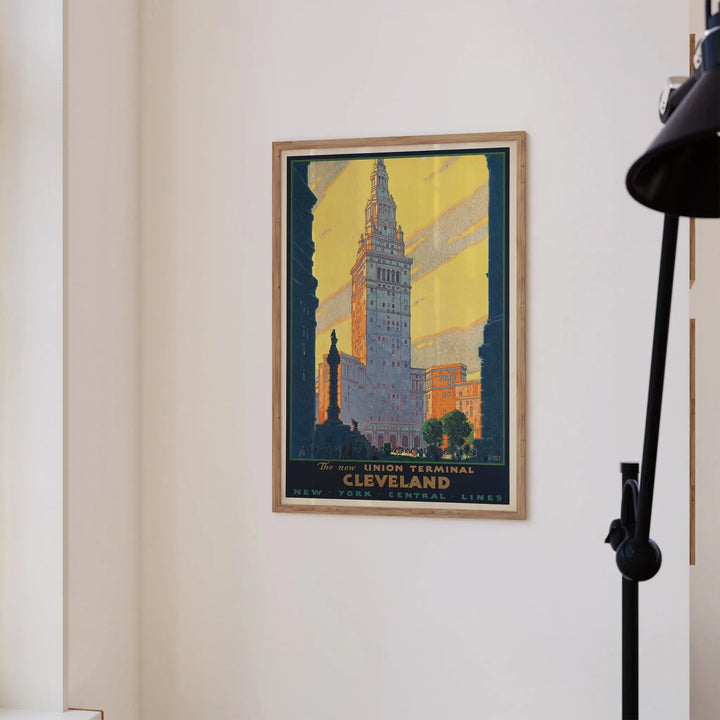 Cleveland Union Terminal Poster vintage style with blue, yellow, and orange tones, framed poster wall art