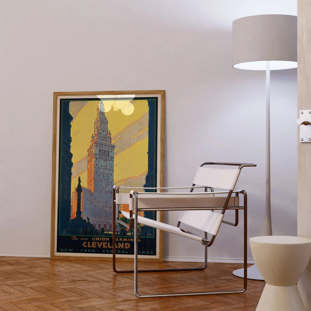 Cleveland Union Terminal Poster vintage art print with yellow, orange, and dark blue tones framed wall art.