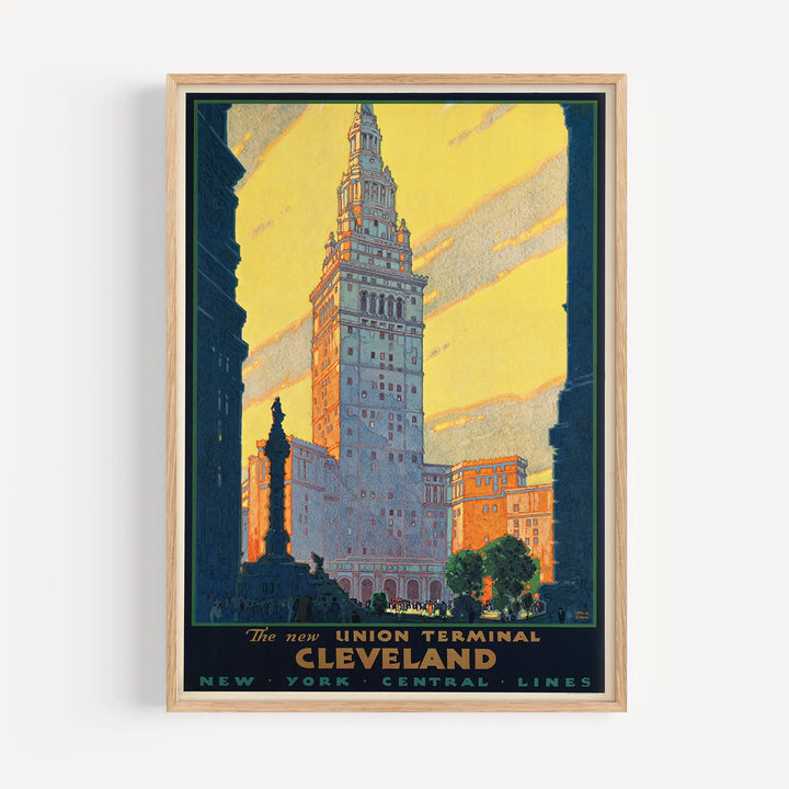 Cleveland Union Terminal Poster vintage art print with orange, yellow, and dark blue minimalist cityscape design.