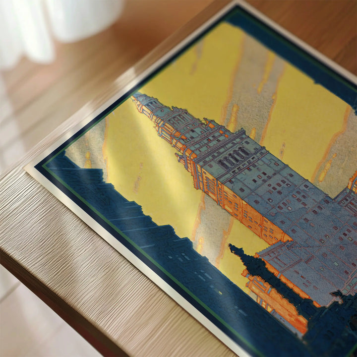 Cleveland Union Terminal Poster featuring vintage art print with yellow, orange, and blue tones in a minimalist style.
