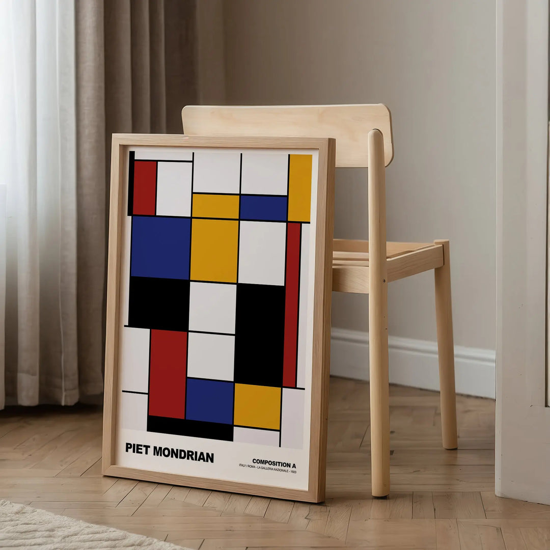 Composition A by Piet Mondrian Poster featuring abstract minimalist blocks in red, blue, yellow, black, and white framed art print