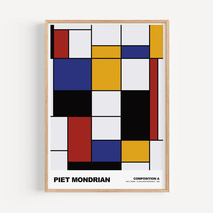 Composition A by Piet Mondrian Poster with abstract minimalist style in red, blue, yellow, black, and white colors.