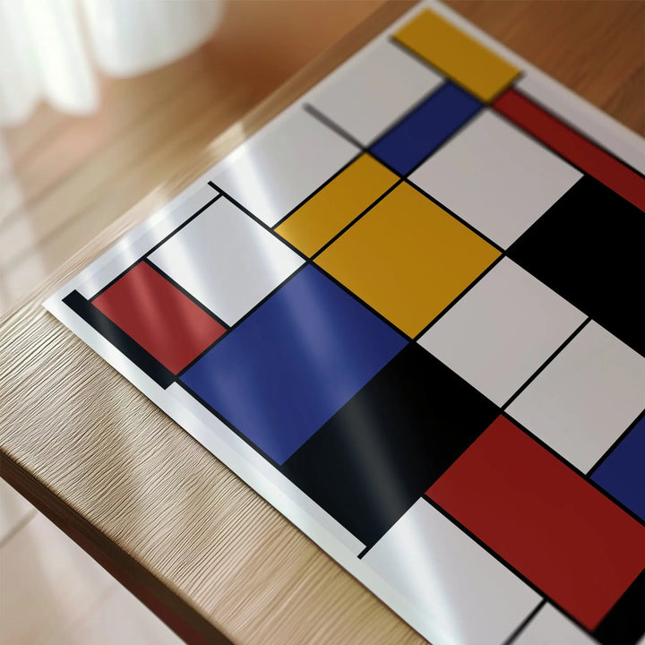 Composition A by Piet Mondrian Poster featuring minimalist abstract art with red, blue, yellow, black, and white geometric blocks.