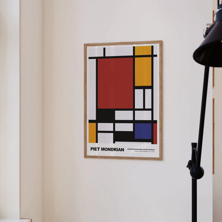 Composition with Red, Yellow and Blue by Piet Mondrian Poster, minimalist abstract art print with primary colors and black grid lines