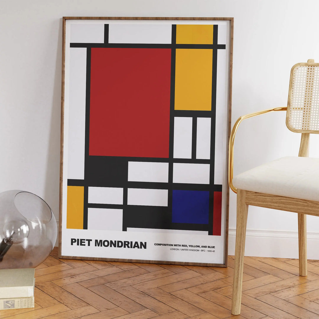 Composition A by Piet Mondrian Poster, minimalist abstract art print with red, yellow, blue, black, and white geometric blocks.